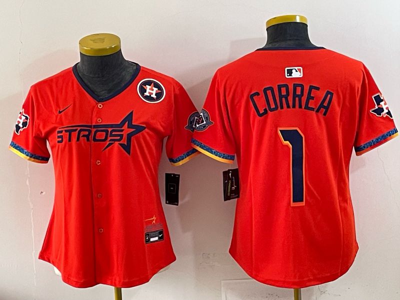 Women 2025 Houston Astros #1 Correa Orange Four generations Joint Name Nike MLB Jersey style 03
